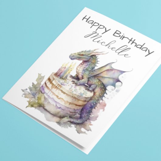 Birthday Dragon Cake Personalisiert Watercolor Karte