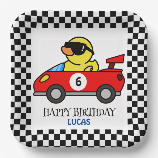 Birthday Duck Rennwagen Roter Junge Name Pappteller (Vorderseite)