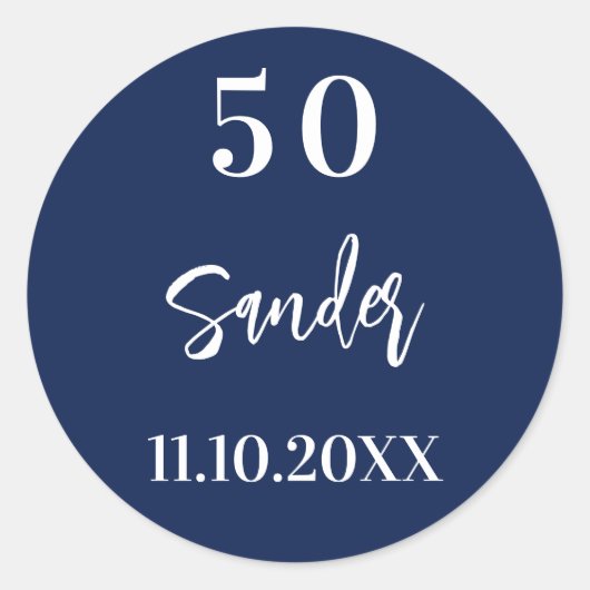 Birthday dunkelblau weiße Schrift minimalistisch Runder Aufkleber (Vorderseite)