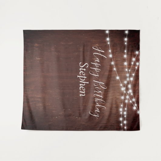 BIrthday Dunkle rustikale String Lights Wood Custo Wandteppich (Vorderseite (Horizontal))