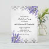 Birthday Einladung Blumenlavendel Silber (Stehend Vorderseite)