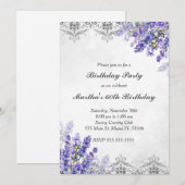 Birthday Einladung Blumenlavendel Silber (Vorne/Hinten)