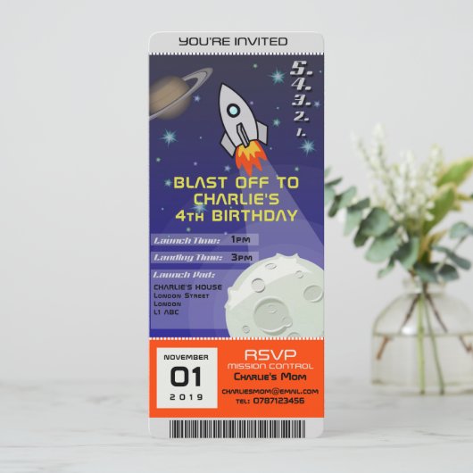 Birthday Einladung Space Rocket Thema (Stehend Vorderseite)