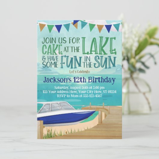 Birthday Einladung Speed Boat Lake Fishing (Stehend Vorderseite)