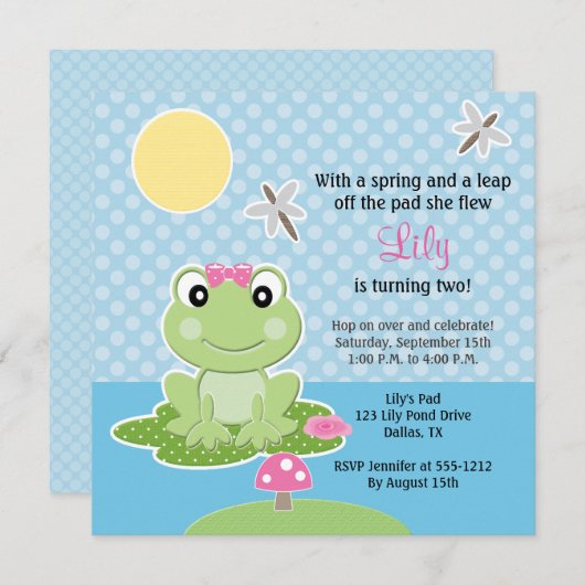 Birthday Einladungen für Limone und rosa Bow Frog (Vorne/Hinten)