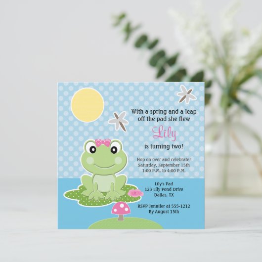 Birthday Einladungen für Limone und rosa Bow Frog (Stehend Vorderseite)