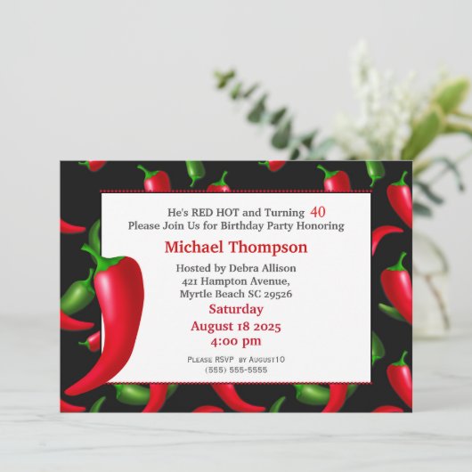 Birthday Einladungen für Männer 40. Red Hot Pepper (Stehend Vorderseite)