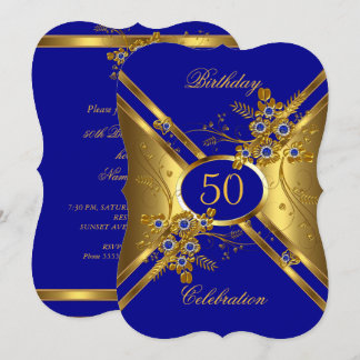 Birthday Elegant Gold Royal Blue Floral Einladung