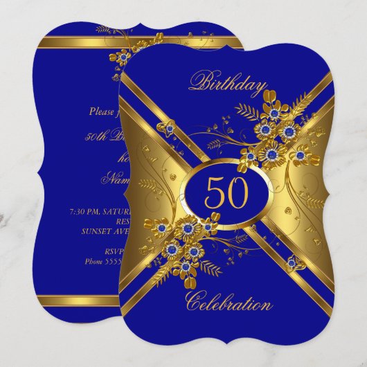 Birthday Elegant Gold Royal Blue Floral Einladung (Vorne/Hinten)