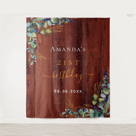 Birthday Eukalyptus grün rustikal braunes Holz Wandteppich (Vorderseite)