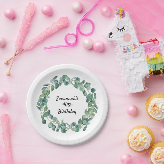 Birthday Eukalyptus grüne Kranz Name elegant Pappteller (Party)