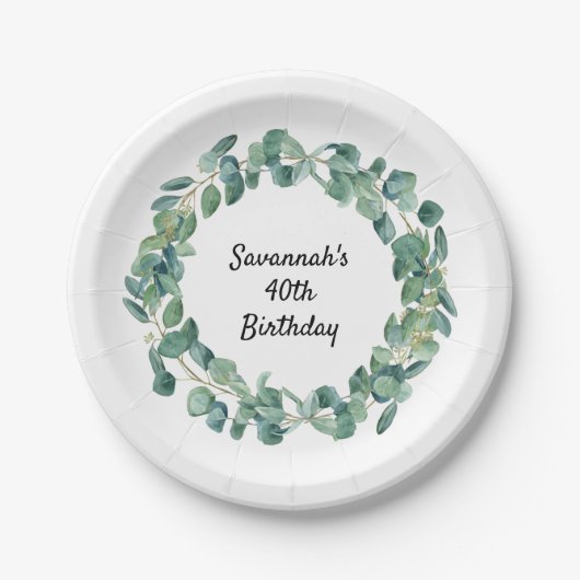 Birthday Eukalyptus grüne Kranz Name elegant Pappteller (Vorderseite)