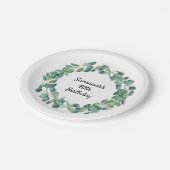 Birthday Eukalyptus grüne Kranz Name elegant Pappteller (Schrägansicht)