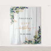 Birthday Eukalyptus grüne rustikale Holzbezeichnun Wandteppich (Vorderseite)