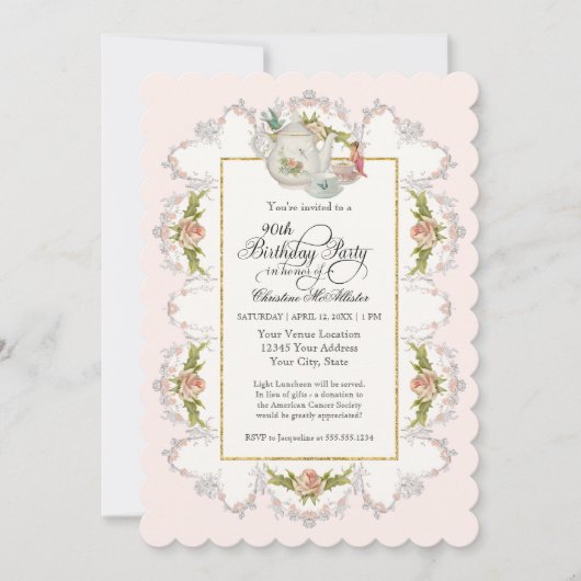 Birthday Fairy Tee Party, Rose Teekanne n Cups Einladung (Vorderseite)