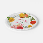 Birthday farbenfrohe Blumenrege Pappteller (Schrägansicht)