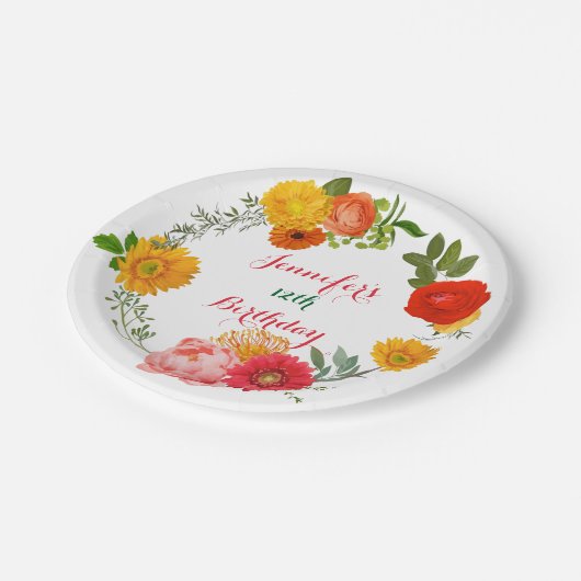 Birthday farbenfrohe Blumenrege Pappteller (Schrägansicht)