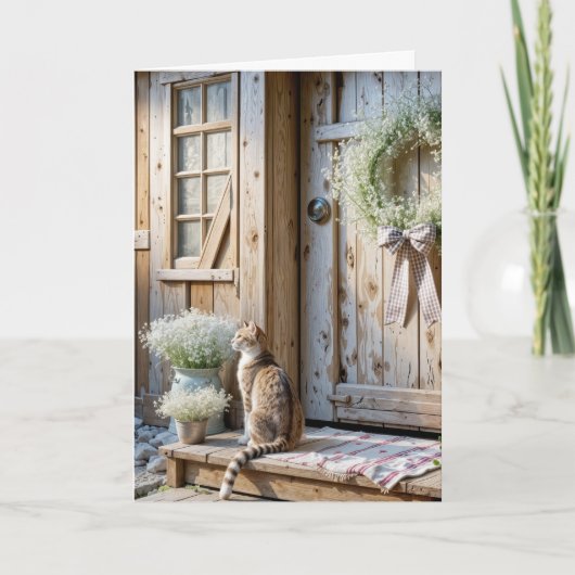 Birthday Farmhouse Cat With Baby's Breath Wreath Karte (Vorderseite)