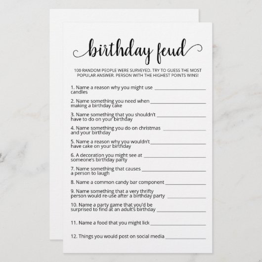 Birthday Feud Spiel mit Answers (Vorne/Hinten)