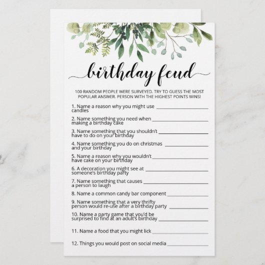 Birthday Feud Spiel mit Answers (Vorne/Hinten)