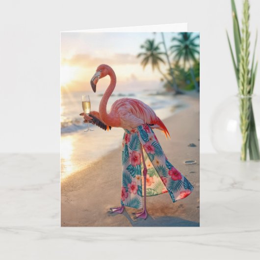 Birthday Flamingo With Champagne On a Beach Karte (Vorderseite)