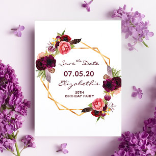 Birthday floral bordeauxweiß Save the Date Postkarte