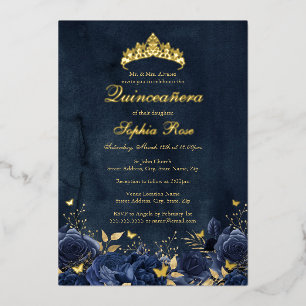 Birthday Floral Butterfly Tiara Navy Quinceanera Folieneinladung
