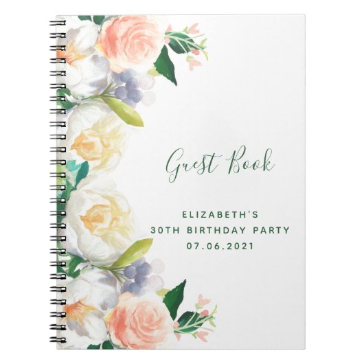 Birthday florals pink white Guest Book Notizblock (Vorderseite)