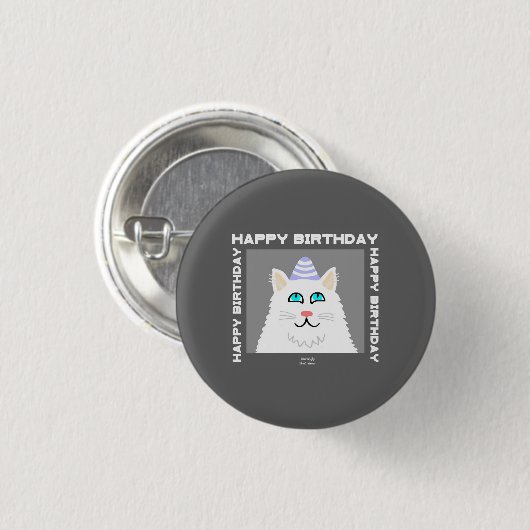 Birthday Fluffy White Cat Round Button (Vorne & Hinten)