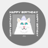 Birthday Fluffy White Cat Round Sticker (Vorderseite)