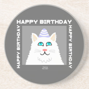 Birthday Fluffy White Cat Sandstone Untersetzer