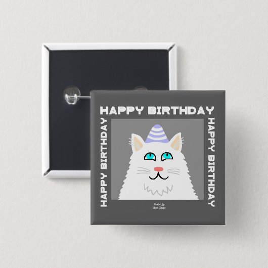 Birthday Fluffy White Cat Square Button (Vorne & Hinten)