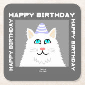 Birthday Fluffy White Cat Square Paper Untersetzer (Vorderseite)