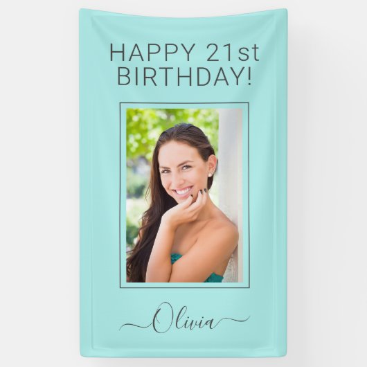 Birthday Foto Aqua Blue Aquamarin Script Giro Banner (Vertikal)