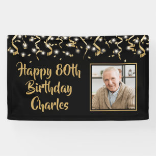 Birthday Foto Black Gold Confetti Streamers Banner