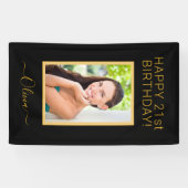 Birthday Foto Black Gold Script Girly Banner (Horizontal)