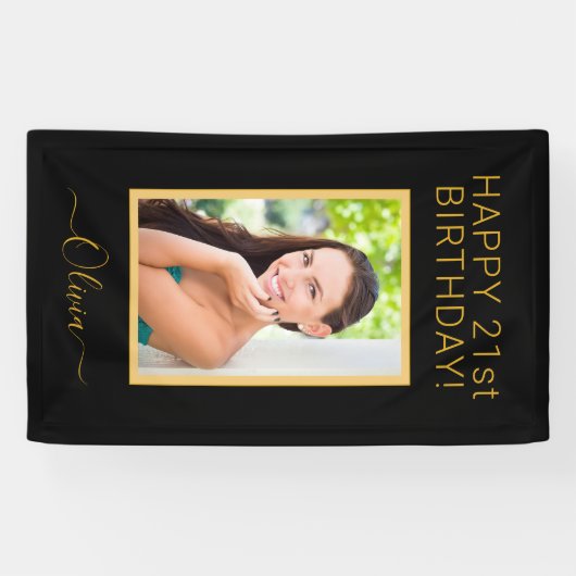Birthday Foto Black Gold Script Girly Banner (Horizontal)
