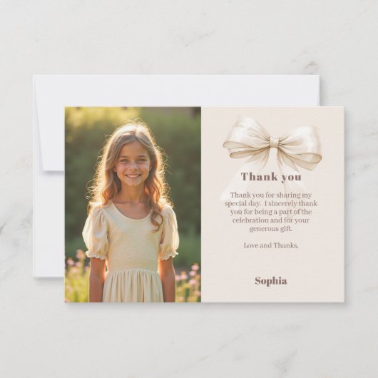 Birthday Foto bow beige Dankeskarte (Vorderseite)