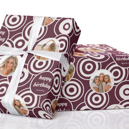 Birthday Foto Collage Retro Circles Burgundy Geschenkpapier