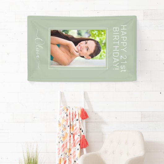 Birthday Foto Green Sage Script Girly Banner (Insitu)