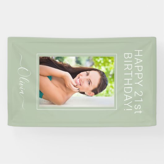 Birthday Foto Green Sage Script Girly Banner (Horizontal)