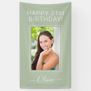 Birthday Foto Green Sage Script Girly Banner