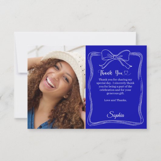 Birthday Foto handgeschriebene Bugkönigsblau Dankeskarte (Vorderseite)
