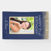 Birthday Foto Navy Blue Gold Glitzer Girly Banner (Horizontal)