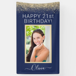 Birthday Foto Navy Blue Gold Glitzer Girly Banner