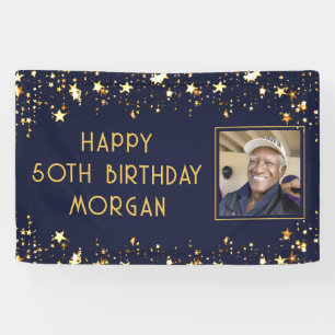 Birthday Foto Navy Blue Gold Stars Banner