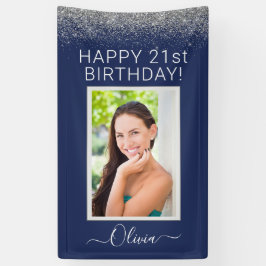 Birthday Foto Navy Blue Silver Glitzer Girly Banner
