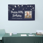 Birthday Foto Navy Blue Silver Stars Name Banner (Messeveranstaltung)