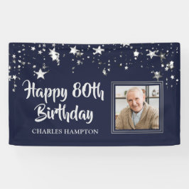 Birthday Foto Navy Blue Silver Stars Name Banner