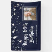 Birthday Foto Navy Blue Silver Stars Name Banner (Vertikal)